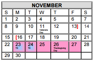 District School Academic Calendar for Michael E Fossum Middle School for November 2015