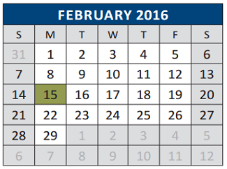 District School Academic Calendar for J J A E P for February 2016