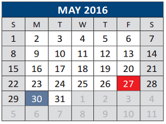 District School Academic Calendar for Roy Lee Walker Elementary for May 2016