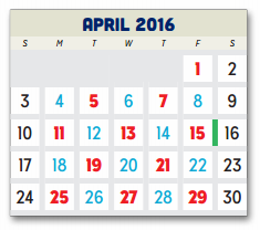 District School Academic Calendar for P A S S Learning Ctr for April 2016