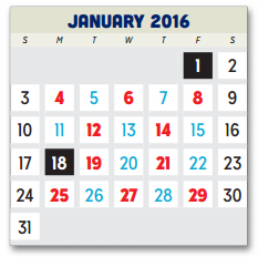 District School Academic Calendar for P A S S Learning Ctr for January 2016