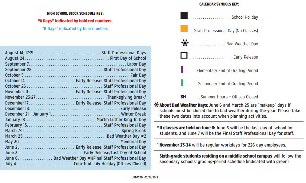 District School Academic Calendar Key for P A S S Learning Ctr