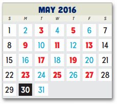 District School Academic Calendar for P A S S Learning Ctr for May 2016