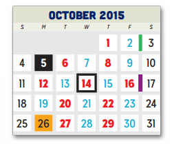 District School Academic Calendar for P A S S Learning Ctr for October 2015