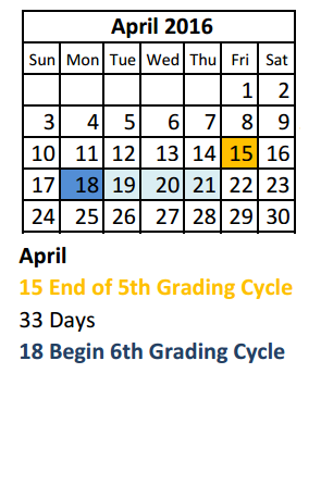 District School Academic Calendar for Midland Excel Campus for April 2016