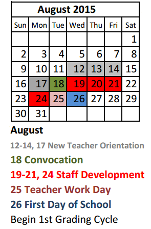 District School Academic Calendar for Parker Elementary for August 2015
