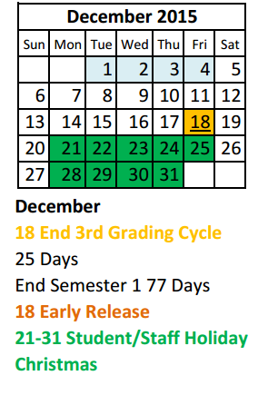 District School Academic Calendar for Bunche Early Childhd Ctr for December 2015