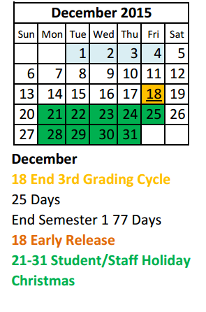 District School Academic Calendar for Lee Freshman High School for December 2015