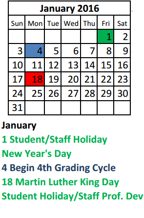 District School Academic Calendar for Emerson Elementary for January 2016