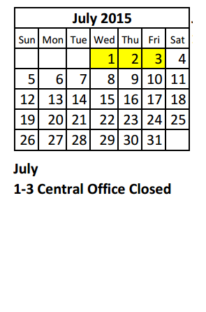 District School Academic Calendar for Lee Freshman High School for July 2015