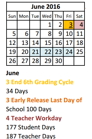 District School Academic Calendar for Bowie Elementary for June 2016
