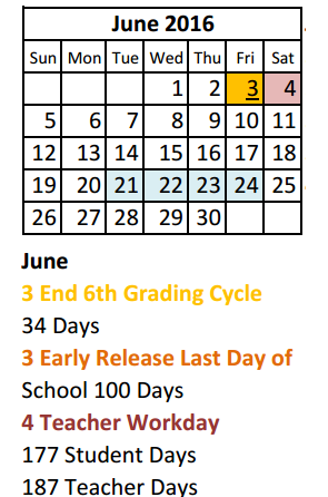 District School Academic Calendar for Lee High School for June 2016