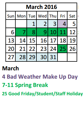 District School Academic Calendar for Culver Youth Home for March 2016