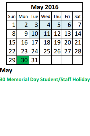 District School Academic Calendar for Scharbauer Elementary for May 2016