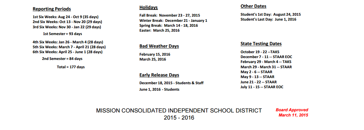 District School Academic Calendar Key for Cantu Elementary