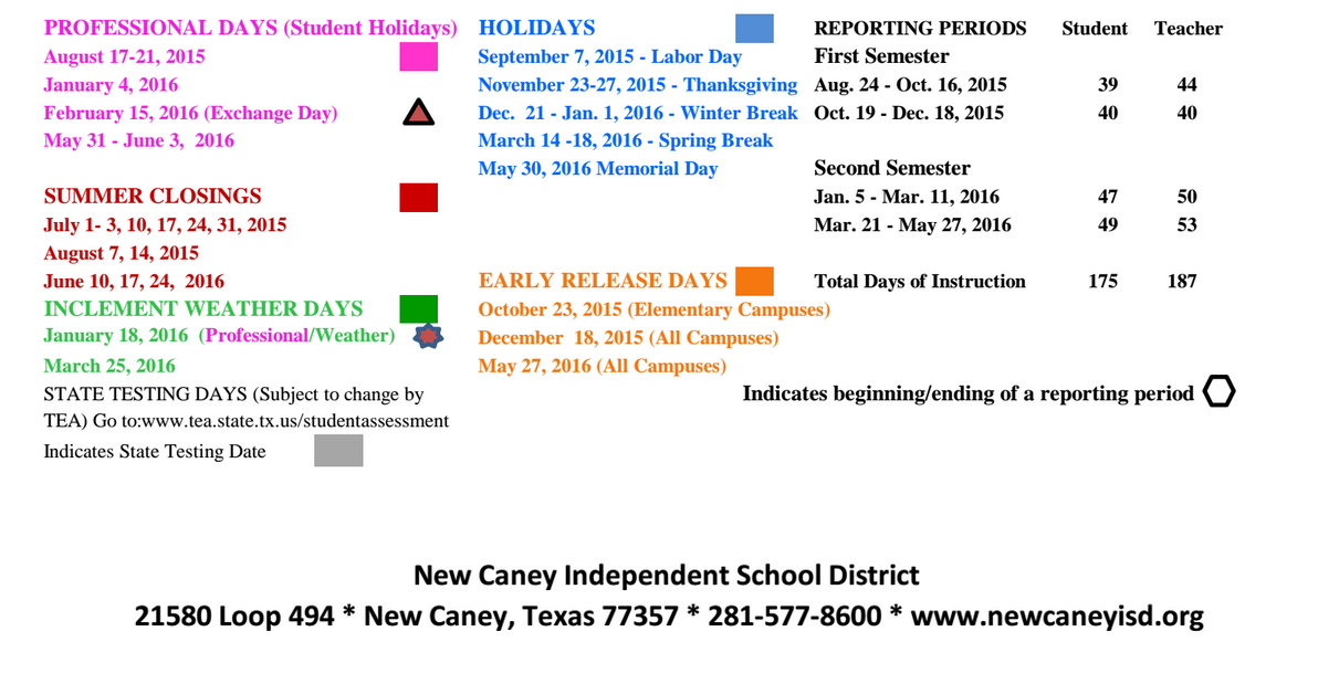 District School Academic Calendar Key for New Caney Elementary