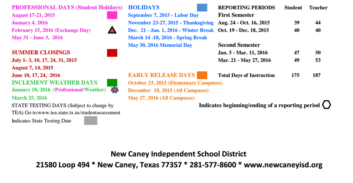 District School Academic Calendar Key for The Learning Ctr