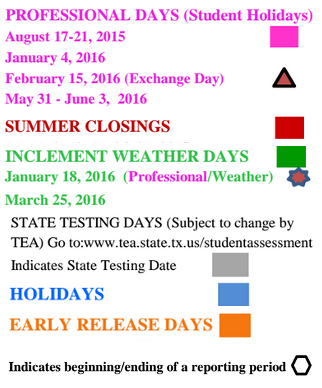 District School Academic Calendar Legend for New Caney Sixth Grade Campus