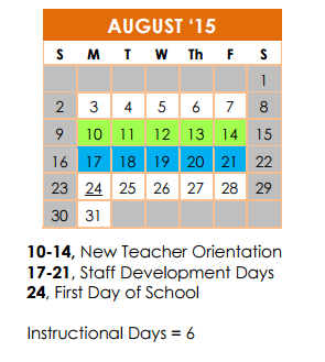 District School Academic Calendar for Children's Intervention for August 2015
