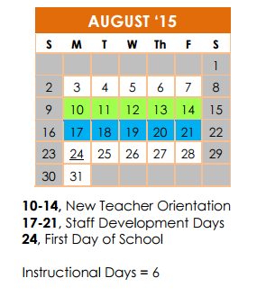 District School Academic Calendar for Redland Oaks Elementary School for August 2015