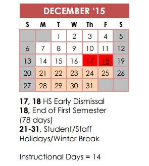 District School Academic Calendar for Huebner Elementary School for December 2015