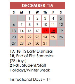 District School Academic Calendar for Homebound for December 2015