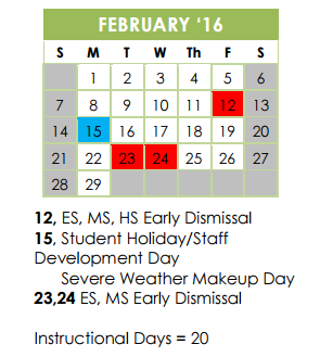 District School Academic Calendar for Bradley Middle for February 2016