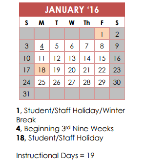 District School Academic Calendar for Camelot Elementary School for January 2016