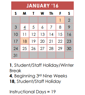 District School Academic Calendar for International School Of America for January 2016