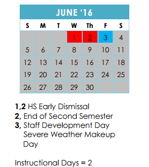 District School Academic Calendar for Ridgeview Elementary School for June 2016