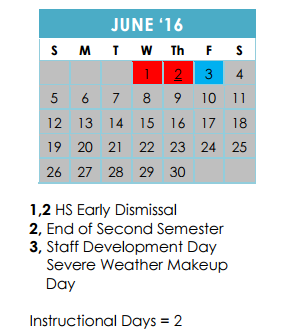 District School Academic Calendar for Homebound for June 2016