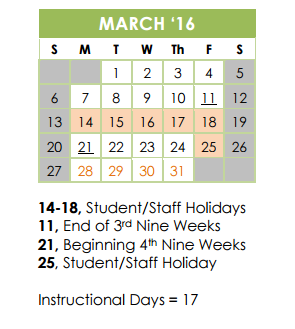 District School Academic Calendar for Children's Intervention for March 2016