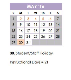 District School Academic Calendar for Camelot Elementary School for May 2016