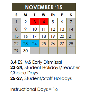 District School Academic Calendar for Academy Of Creative Ed for November 2015