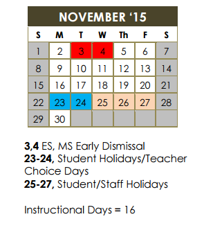 District School Academic Calendar for Homebound for November 2015