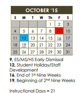 District School Academic Calendar for Academy Of Creative Ed for October 2015