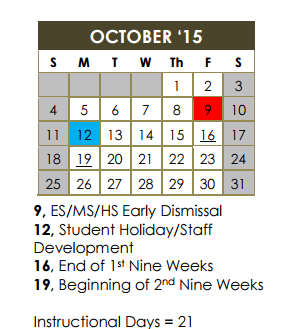 District School Academic Calendar for Northern Hills Elementary School for October 2015