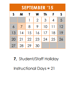 District School Academic Calendar for Children's Intervention for September 2015
