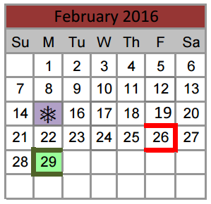 District School Academic Calendar for Lakeview Elementary for February 2016