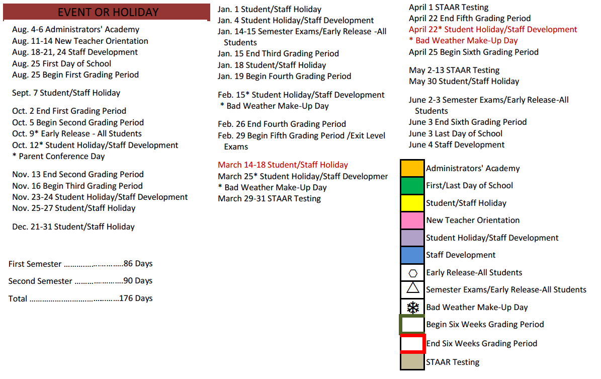 District School Academic Calendar Key for Lakeview Elementary