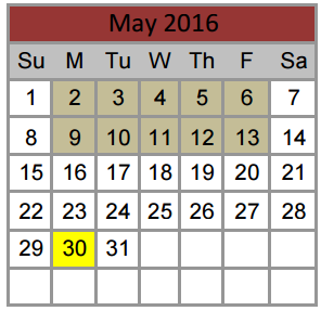 District School Academic Calendar for Roanoke Elementary for May 2016