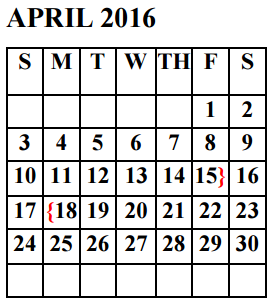 District School Academic Calendar for Ford Elementary for April 2016