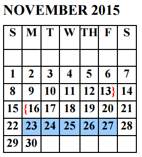 District School Academic Calendar for Garza Pena Elementary for November 2015