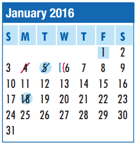 District School Academic Calendar for Red Bluff Elementary for January 2016