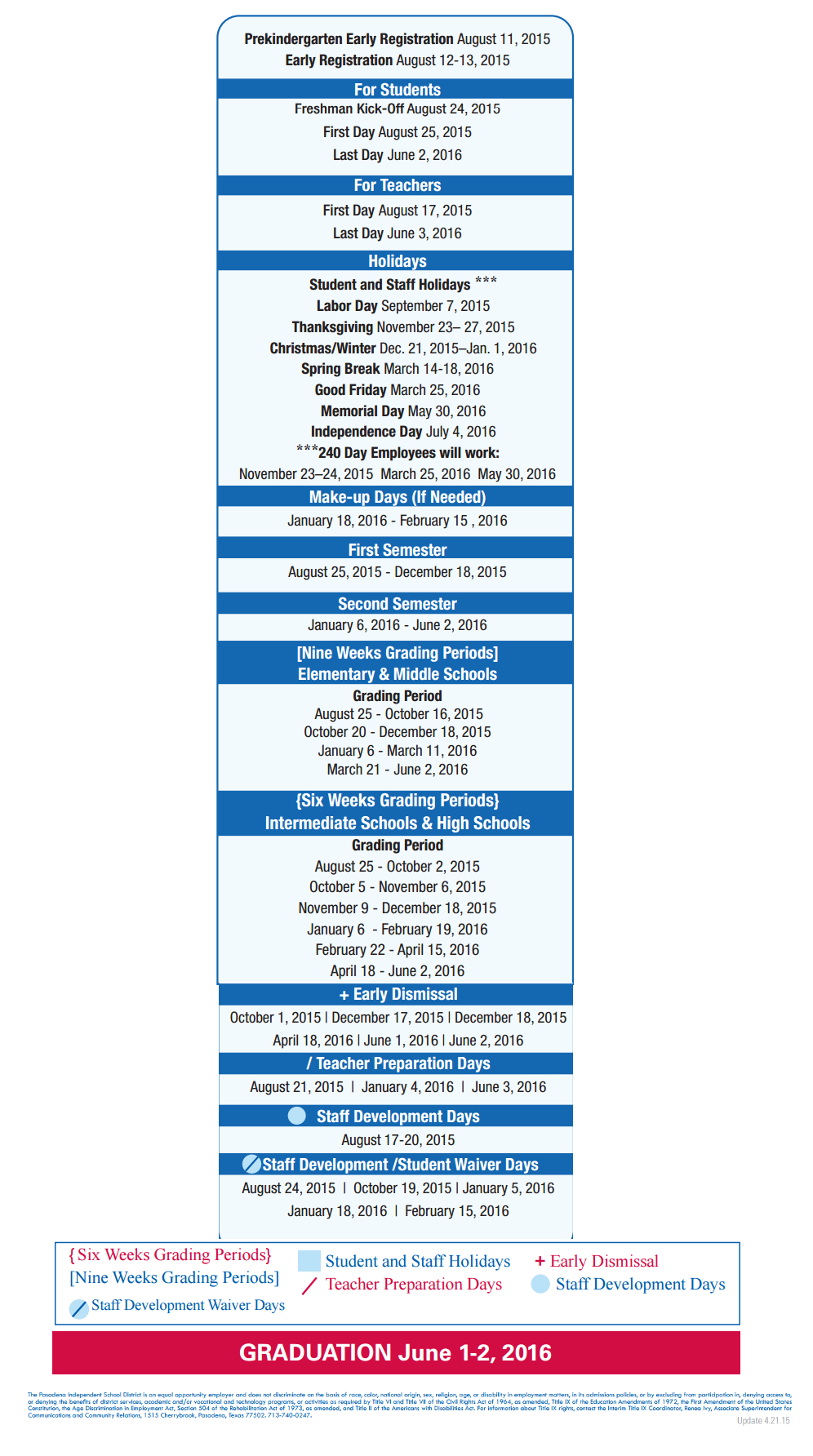 District School Academic Calendar Key for Community Evening School