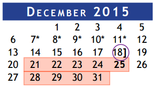 District School Academic Calendar for Brazoria Co J J A E P for December 2015