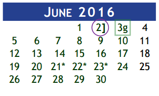 District School Academic Calendar for Alexander Middle School for June 2016