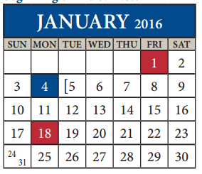 District School Academic Calendar for John B Connally High School for January 2016