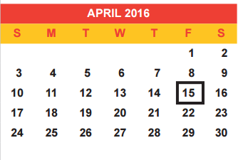 District School Academic Calendar for Memorial Elementary School for April 2016