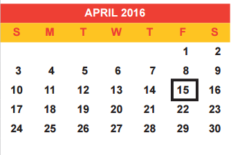 District School Academic Calendar for Secondary Special Program Center for April 2016